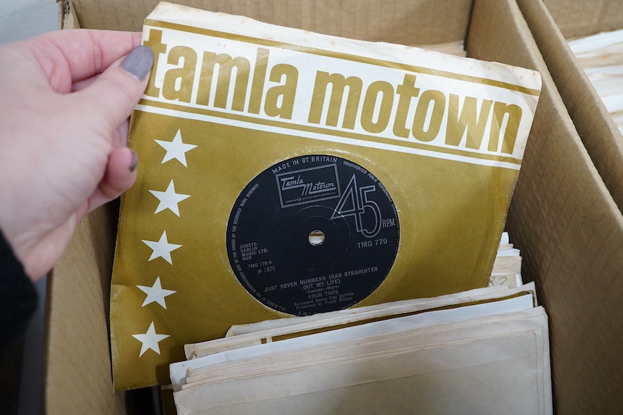 Three boxes of 7 inch singles, all on the Tamla Motown label, artists include; the Supremes, Marvin Gaye, Stevie Wonder, the Four Tops, The Temptations, Jimmy Mac, Jimmy Ruffin, Gladys Knight, Diana Ross, Jermaine Jackso